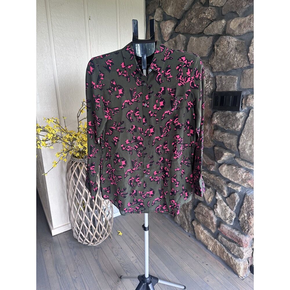 Banana Republic 100% Silk Boyfriend Shirt Olive Green Pink Abstract Blouse S